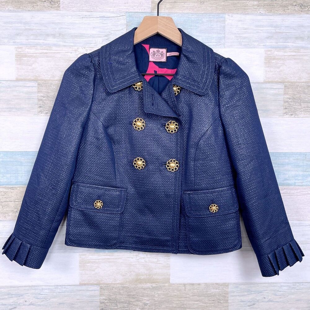 Juicy Couture Glitter Crop Blazer Jacket Blue Wool Silk Pleated Sleeve Womens 2